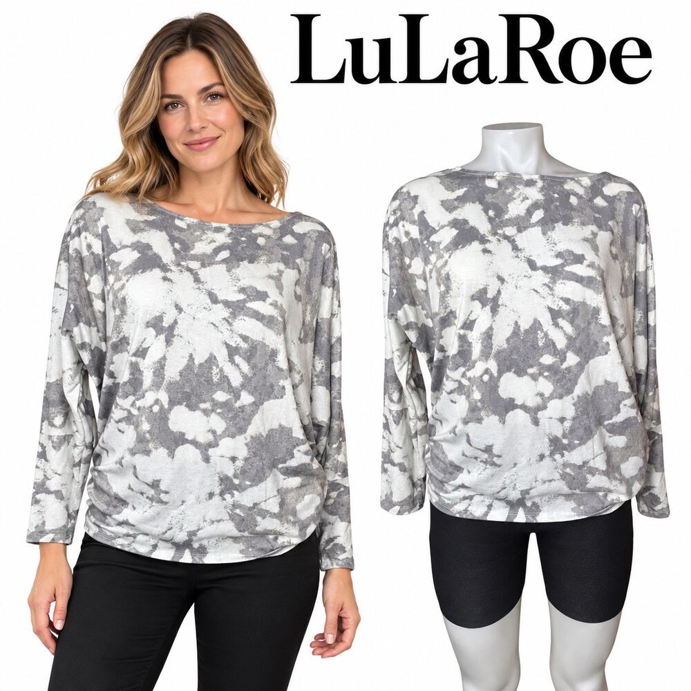 LuLaRoe Women’s Medium Gray White Abstract Print Dolman Sleeve Top